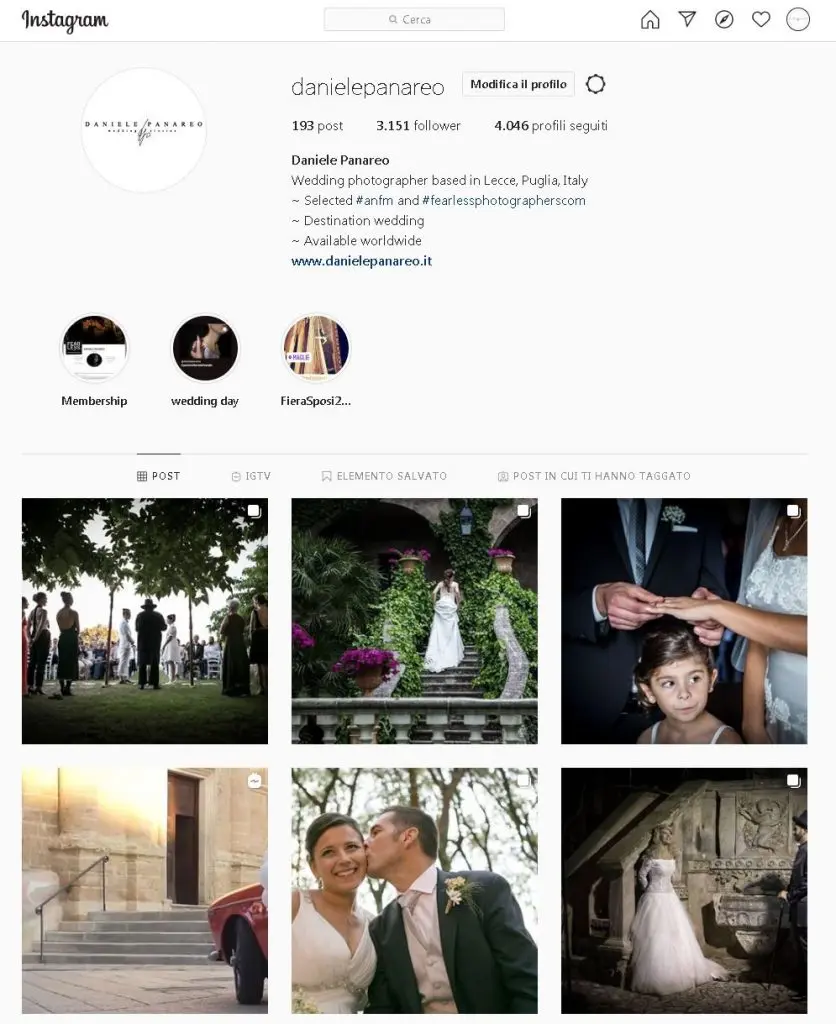 feed instagram fotografo matrimonio in Puglia sui social